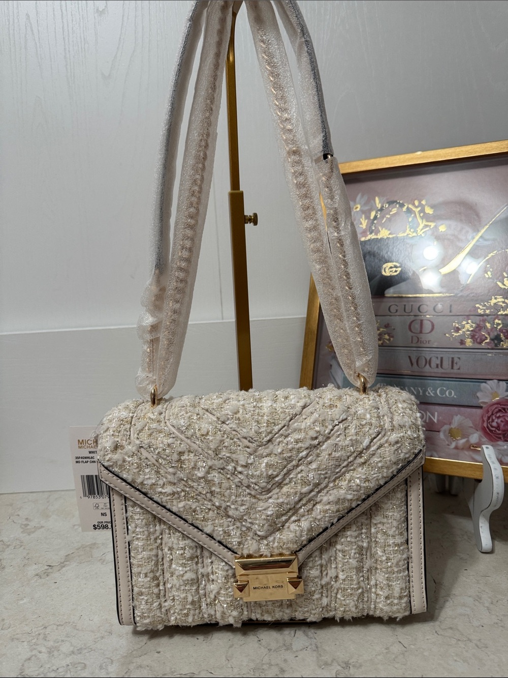 Michael Kors Cream Tweed Shoulder Bag with Gold Hardware